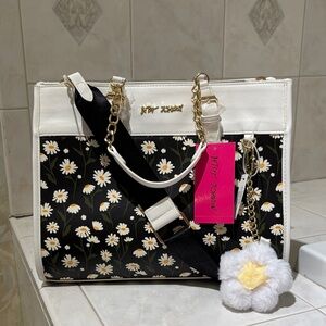 Betsey Johnson Daisy Black and White Faux Leather Tote Bag with Crossbody Strap
